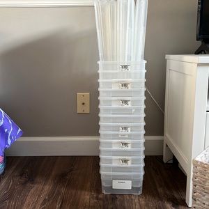 14 container store shoe bins. Originally $1.99 each. Some are labeled summer.